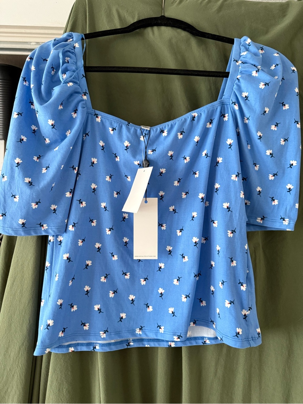Socialite Sky Blue Floral Square-Neck Puff Sleeve Top